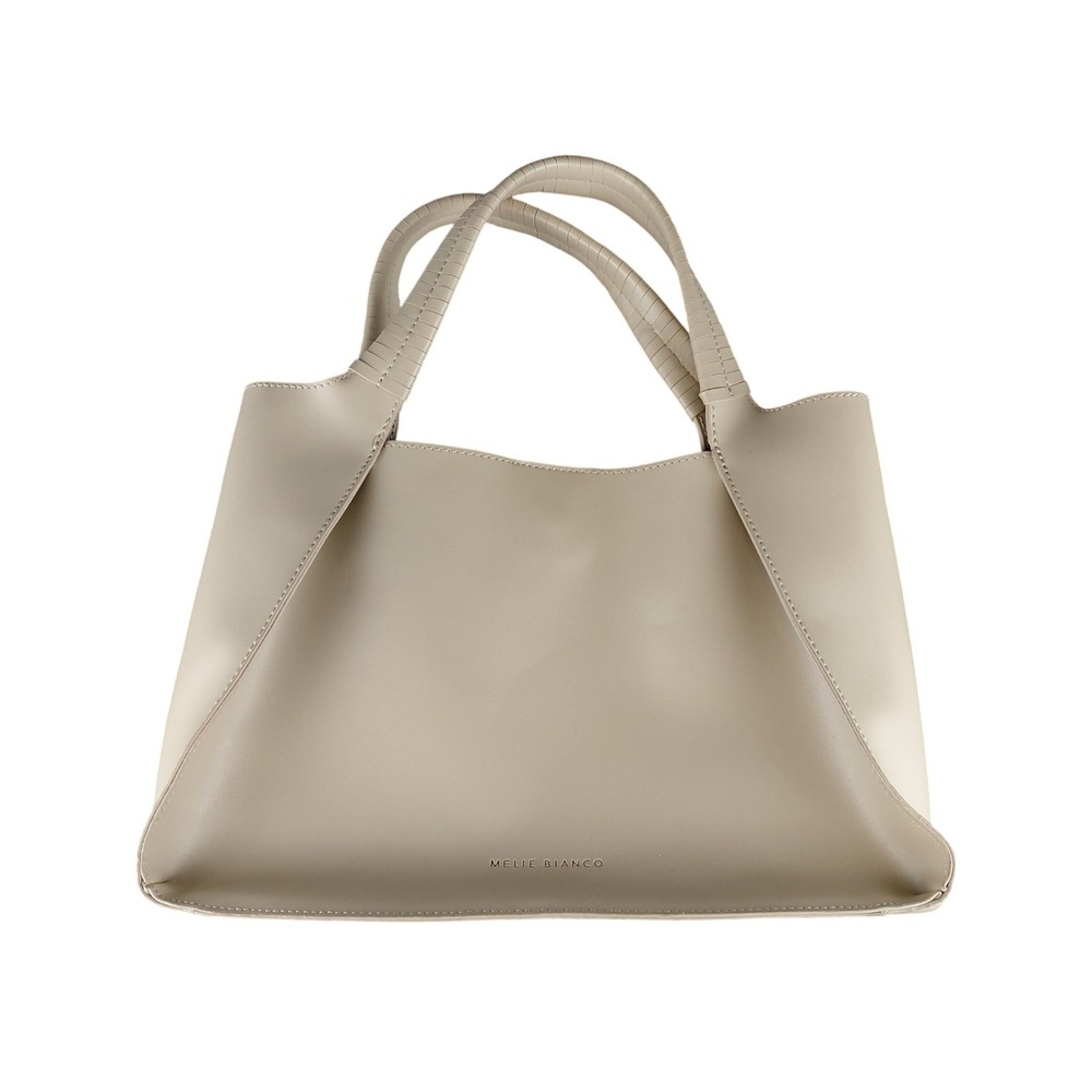 Melie Bianco Tote Bag Beige Faux Leather Shoulder Bag Top Handle Gold Hardware